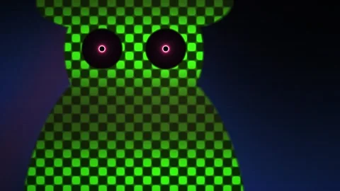Glowing green bear face with big eyes on dark background. Stock Footage 337464313