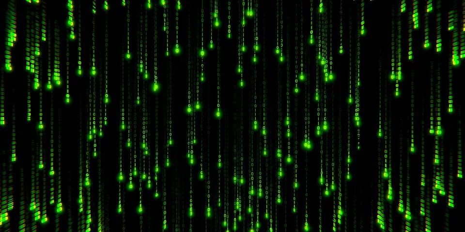 Glowing green binary code overlay on black background, digital data stream, f Stock Illustration
