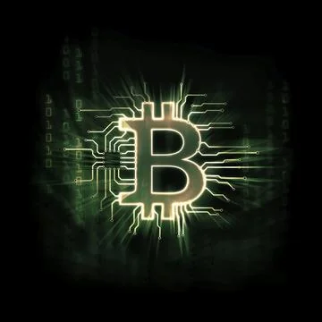 Glowing green Bitcoin ₿ cryptocurrency, digital decentralized currency symbol, Stock Illustration