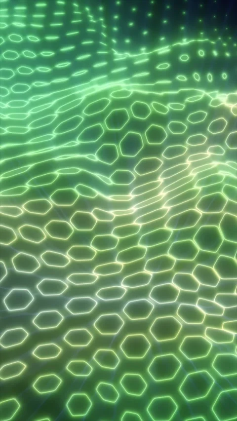 Glowing green cellular grid pattern with neon hexagonal shapes, creating a .. Stock Footage 336177627