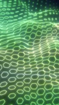 Glowing green cellular grid pattern with neon hexagonal shapes, creating a .. Stock Illustration