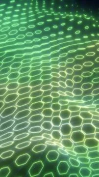 Glowing green cellular grid pattern with neon hexagonal shapes, creating a .. Stock Illustration