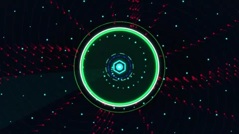 Glowing green circle with hexagon core and red-cyan node network concept re.. Stock Footage 342053938
