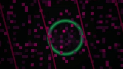 Glowing green circle with pink pixels on black background. Stock Footage 335954511