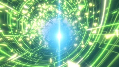 Glowing green circular tunnel with geometric lines and scattered triangle p.. Stock Footage 334130104