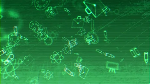Glowing green classroom science visual doodle style tools, chemistry icons, atom Stock Footage 340574875