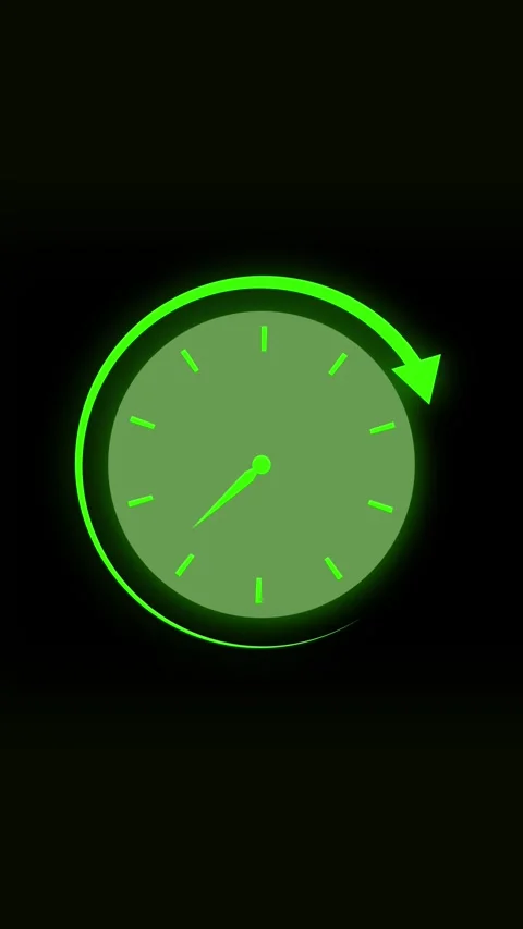 Glowing Green Clock with Circular Arrow on vertical mobile video Black Back.. Stock Footage 321721537