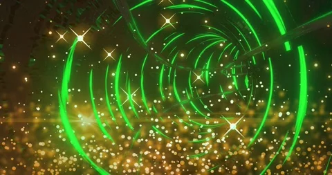 Glowing green concentric-ring tunnel pulsing and rotating as camera pushing Stock Footage 329533876
