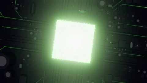 Glowing green CPU processing data on circuit board. 3d animation Video stock 346373250
