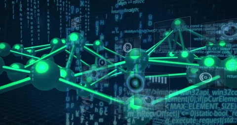 Glowing green data network hovering over grid floor, displaying floating code Stock Footage 309285022
