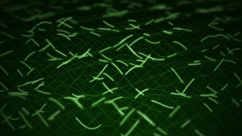Glowing green data packets pulse across an undulating grid in a seamless loo Stock Footage 341274761