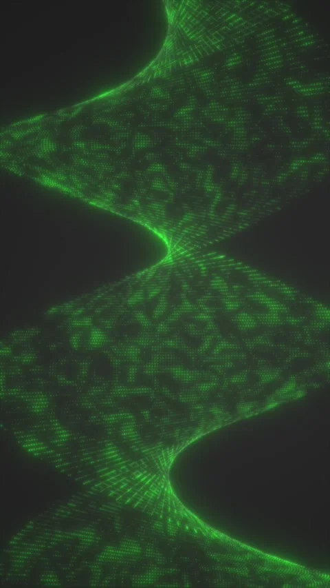 Glowing green data wave shaped like an hourglass, made of pixels and mesh l.. Stock Footage 328159285