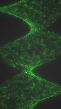 Glowing green data wave shaped like an hourglass, made of pixels and mesh l.. Stock Photos