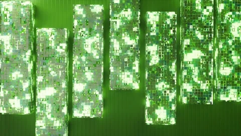 Glowing green digital blocks moving smoothly in rows over a textured background Stock Footage 334042916