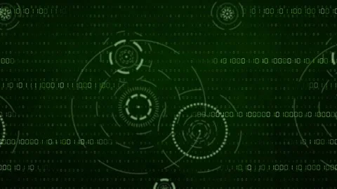Glowing green digital interface displays scrolling binary code and rotating HUD Stock Footage 342830748