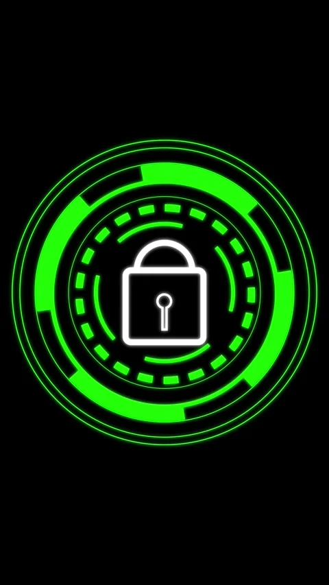 Glowing Green Digital Lock Icon within Futuristic Circular HUD Element on a.. Stock Footage 337463468