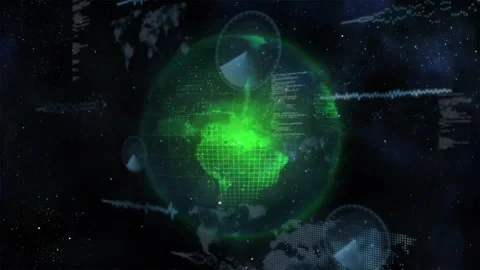 Glowing green digital map of Earth with data processing animation over Stock Footage 305817033