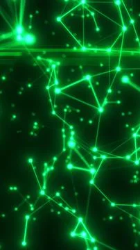 Glowing green digital network with connected dots and lines forming a brigh.. Stockillustratie