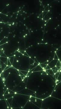 Glowing green digital network with connected nodes, bright data points, and.. Illustrazione stock