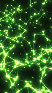 Glowing green digital network with connected nodes, bright data points, and.. Stock Illustration