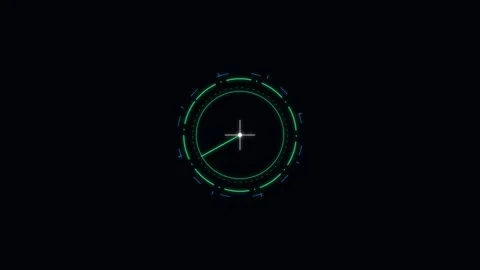 A glowing green digital radar interface on a dark black background screen Stockbeeldmateriaal 338310455