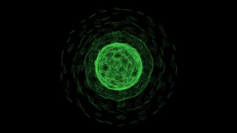 Glowing green digital sphere made of wireframe nodes and layered rings, sugge Stock Footage 337061982