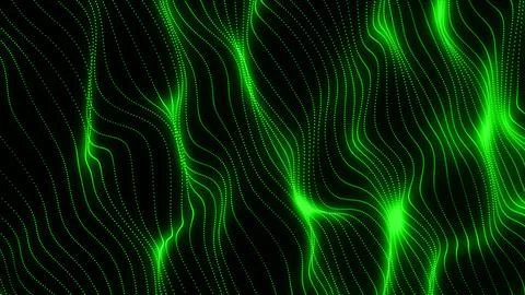 Glowing green digital wave of particles forming fluid curves on a dark back.. Stockillustratie