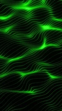 Glowing green digital wave of particles forming fluid curves on a dark back.. Stockillustratie