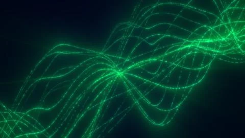 Glowing green digital waves forming an abstract flowing grid of light in a .. Stockillustratie