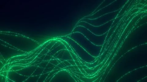 Glowing green digital waves forming an abstract flowing grid of light in a da Stockillustratie
