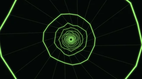 Glowing green digital wireframe tunnel in dark space Stock Footage 336342160