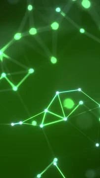 Glowing green dots connected by light lines forming a futuristic network on.. Illustrazione stock