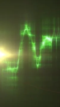 Glowing green electric waveform with luminous pulses and sharp energy peaks.. Stock Illustration