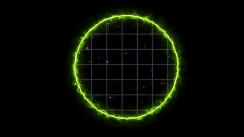 Glowing Green Energy Circle Rotating with Grid Overlay in a Dark Abstract Stock Footage 338326989
