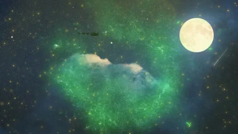 Glowing Green Energy Explosion in Deep Space with Full Moon and Stars Cinematic Stock Footage 338436795