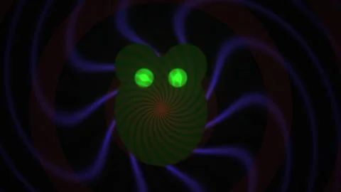 Glowing green eyes in dark background with blue swirls. Stock Footage 337464766