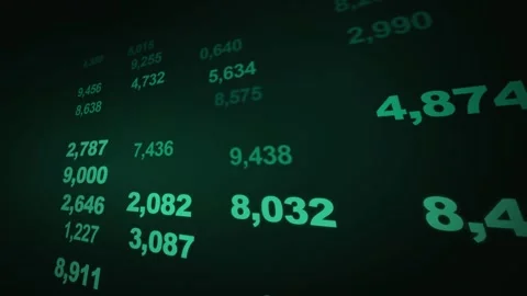 Glowing green financial numbers scrolling on a dark background. 4K Video stock 343265573