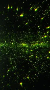 Glowing green fireflies dancing in dark forest at night time Stock-Illustration