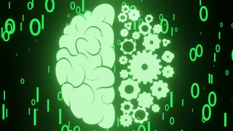 Glowing green fluorescent Human brain and spinning gears. Stock Footage 145037553