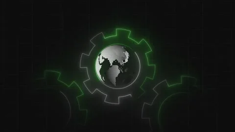 Glowing green gear with dotted globe. Glowing green gear on grid. Glowing g.. Stock Footage 337021385