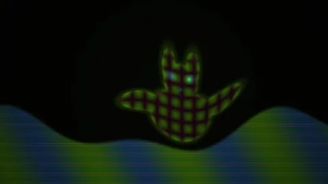 Glowing green grid hand rising from wavy blue and green surface against bla.. Stock Footage 337465189