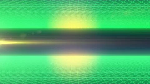 A glowing green grid pattern with a futuristic horizon and light reflection.. Illustrazione stock