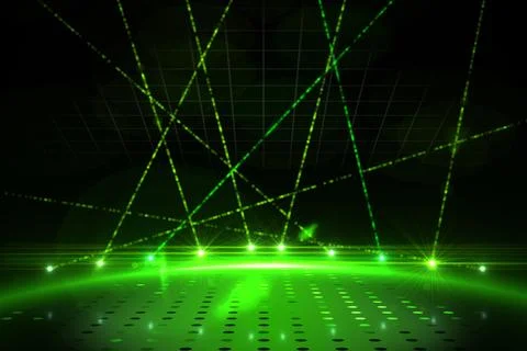 Glowing green grid platform is lighting futuristic wireframe stage, with Stock Photos