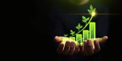 Glowing green growth bars with sprouting plants and rising arrow emerging f.. Stock Photos