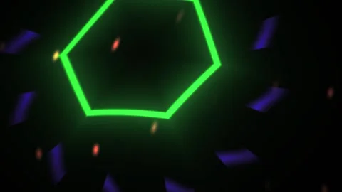 Glowing green hexagon shape with blue and red lights on black background. Stock Footage 337508471
