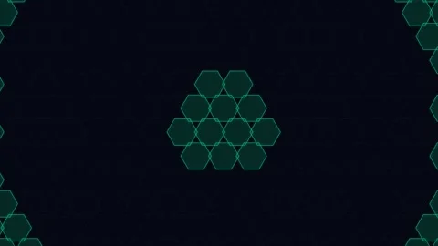 Glowing green hexagonal grid pattern arranged in a triangular formation Stock Footage 338310809