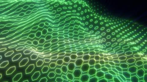 Glowing green hexagonal mesh forming a dynamic wave surface, symbolizing sust Stock Illustration