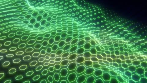 Glowing green hexagonal mesh forming a dynamic wave surface, symbolizing su.. Stock Photos