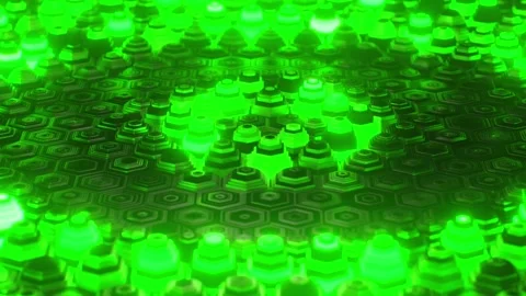 Glowing green hexagonal pillars pulsing in circular wave patterns in 3D Stock Footage 341675202
