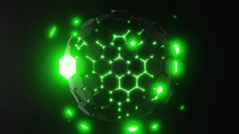 This is a glowing green hexagonal scifi sphere featuring dynamic particle Illustration